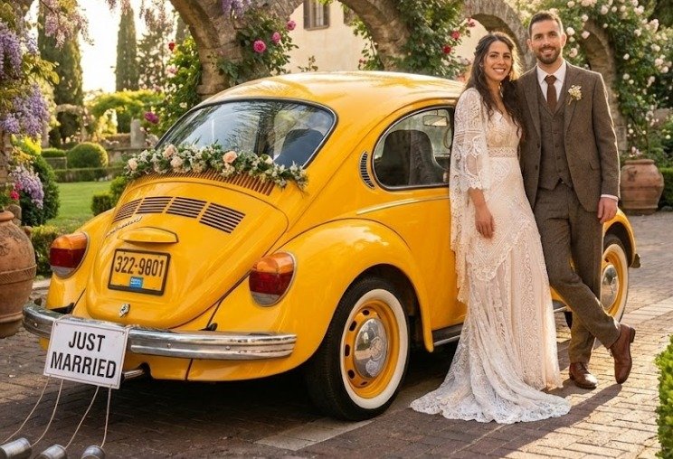 Vintage yellow Beetle wedding car