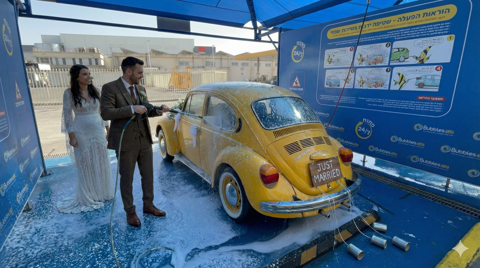 Wedding couple with yellow Beetle